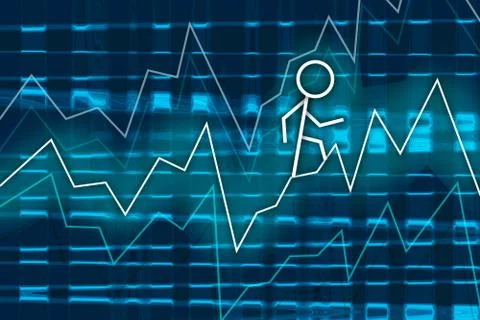 A man is climbing up on the stock graph try to gain profit then go to next le Stock Illustration