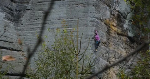 Man climbing a vertical rock, showcasing advanced techniques, crimping in forest Stock Footage 296232759