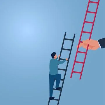 A man climbs a ladder and gets an additional ladder, an illustration of bus.. Stock Illustration