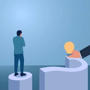 A man climbs a large question mark and at the end is an idea light, an illu.. Stock Illustration