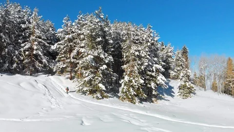 A man climbs the path in the mountain in winter Stock Footage 103498043