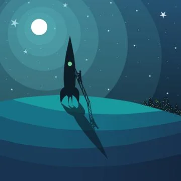 A man climbs into a space rocket parked in a night field under the moon. Stock Illustration