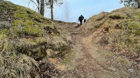 Man climbs a steep hill on a cloudy day in a forested area Stock Footage 333440597