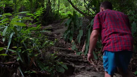 Man climbs on stone steps in the jungle Stock Footage 91790964