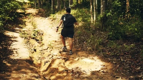 Man climbs a wild path in the jungle Video stock 92225374