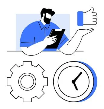 Man with clipboard evaluating tasks and performance. Gear for productivity, c 스톡 일러스트