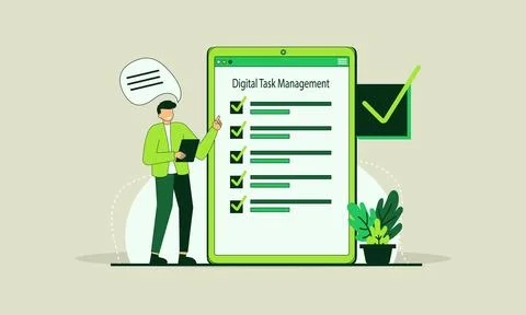 A Man with a clipboard, a large tablet displaying a checklist with complete.. Stock Illustration