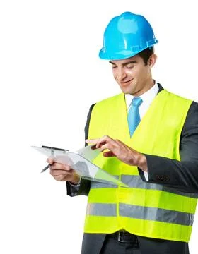 Man, clipboard or paperwork in studio with architecture, corporate contract.. Stock Photos