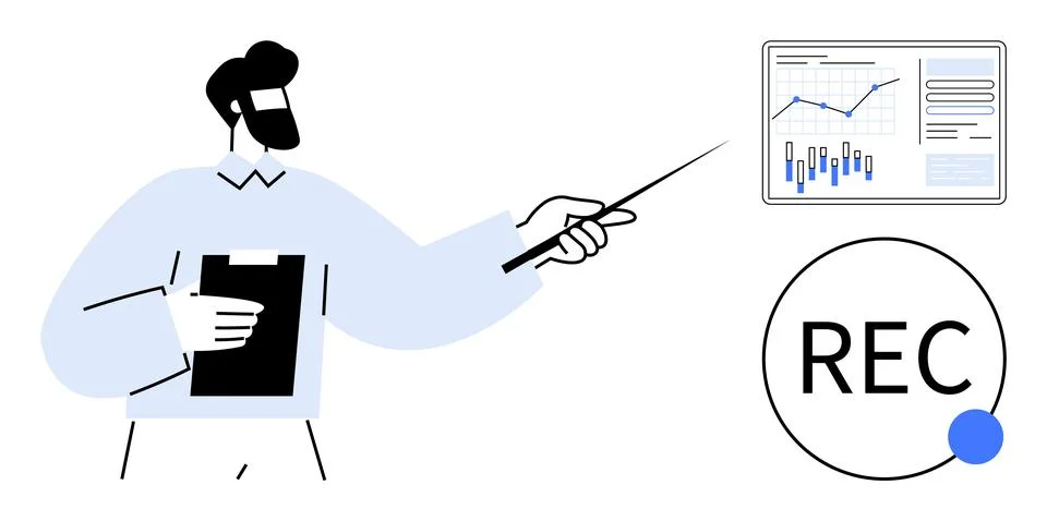 Man with clipboard pointing at a graph on screen. Recording icon indicates se Stock Illustration