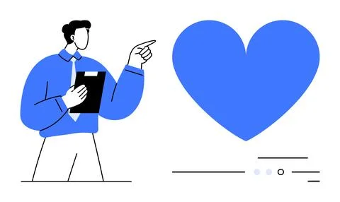 Man with clipboard pointing at large blue heart, emphasizing love and care 스톡 일러스트