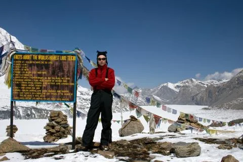Man close by the highest lake Tilicho. Nepal. Stock Photos