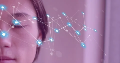 Man in close-up initiating tech overlay with glowing blue data nodes mapping Stock Footage 315527396