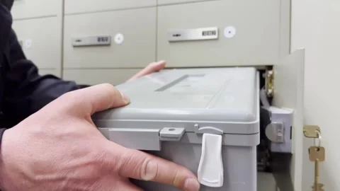 Man Close with Key His Security Safe Box in a Bank Stock Footage 274070887