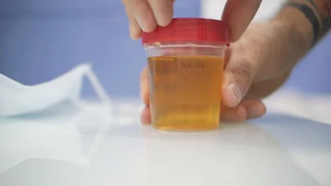 A man closes the lid of the urine container with analyzes.container for urine Stock Footage 103523204