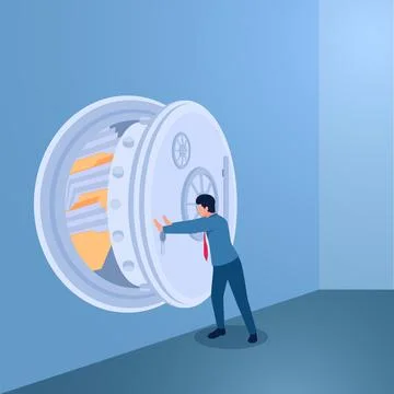 A man closes a safe containing folders, an illustration for data security, .. Stock Illustration