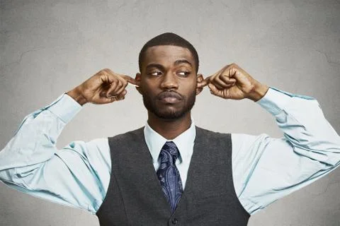 Man Closing Ears Avoiding Unpleasant Conversation, Situation Stock Photos