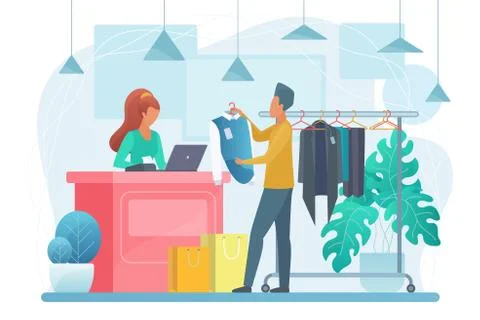 Man in clothing store flat vector illustration Stock Illustration