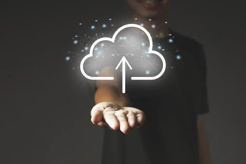 Man with cloud diagram show on hand. Cloud technology. Data storage. Stock Photos
