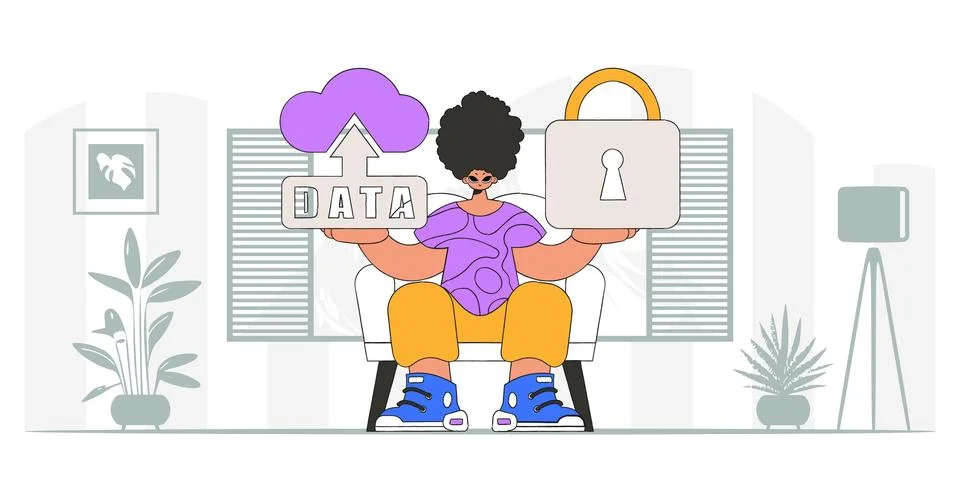 Man with cloud storage and a padlock, modern character style in vector format Illustrazione stock