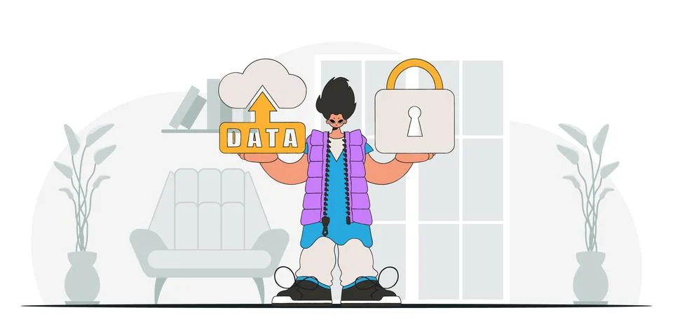 Man with cloud storage, holding a padlock, in a modern vector character style イラスト素材