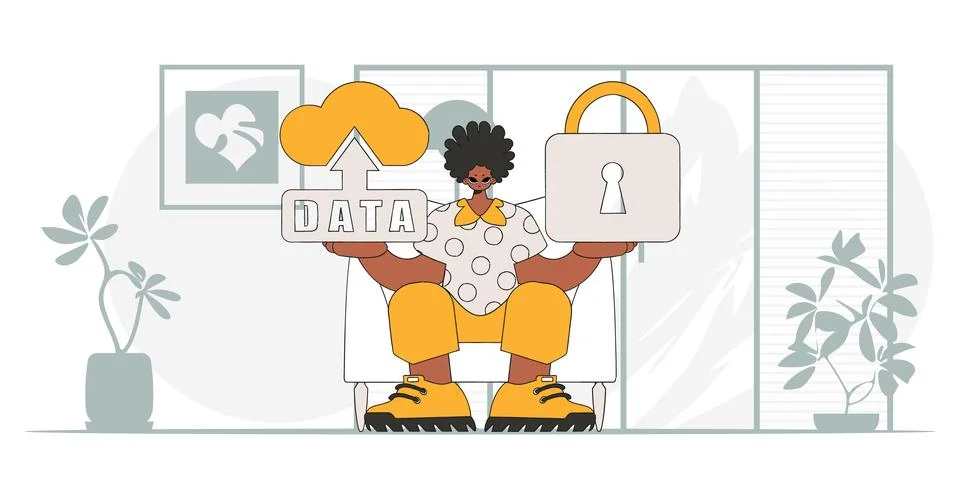 Man with cloud storage, padlock and modern vector style character. Stock Illustration