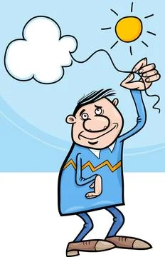 Man with cloud on string cartoon Cartoon Illustration of Happy Man with Cl... Stock Photos