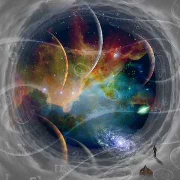 Man in cloudy space tunnel Stock Illustration