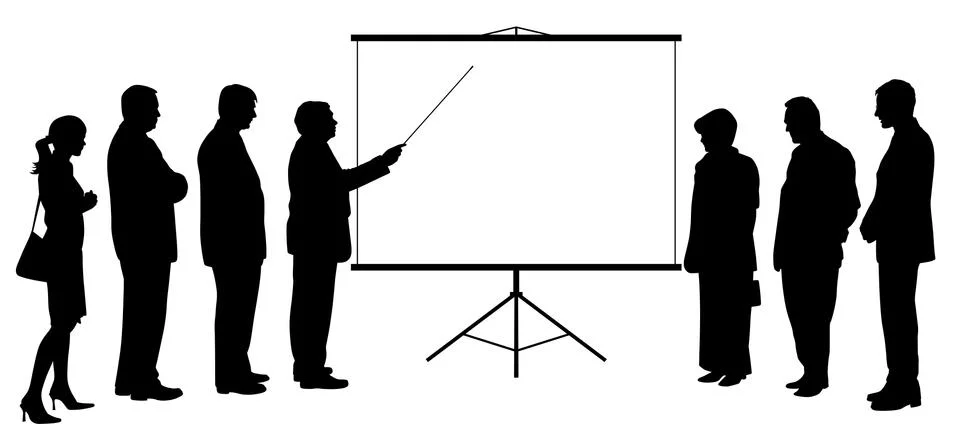 Man coach with pointer presentation on projection screen to people group Stock Illustration