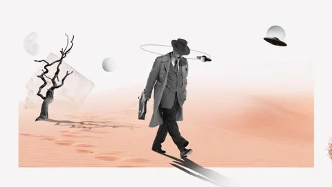 Man in coat and fedora hat walking on desert with UFO and planet elements. Stop Stock Footage 276556238