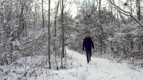 Man in a Coat and Gloves walks in Snowy Forest Stock Footage 147512703