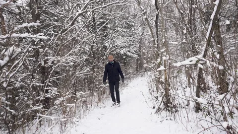 Man in a Coat walks in Snowy Forest Stock Footage 147511739