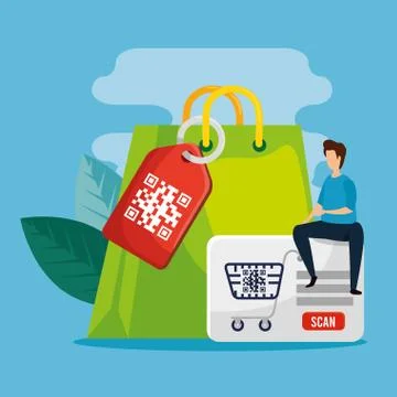 Man with code qr and icons Stock Illustration