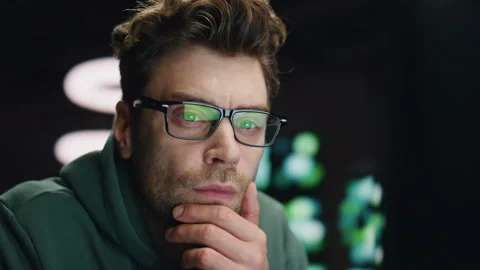 Man coder looking computer making system research workplace closeup. Guy reading Stock Footage 260242770