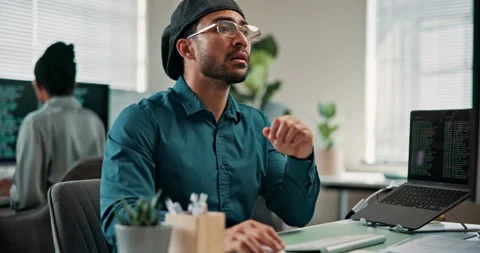Man, coding and computer in office for programming, research and system login Video stock 346940183