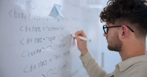 Man, coding and writing on whiteboard in office for review, system integration Stock Footage 280956944