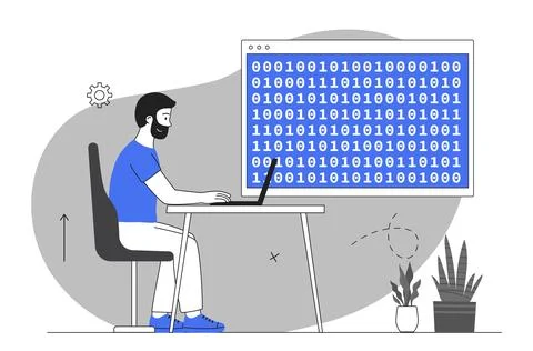 Man coding binary data on laptop screen. Vector illustration Stock Illustration