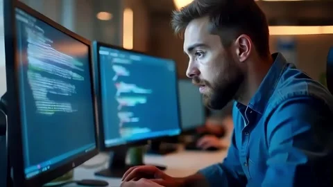 Man Coding HTML and Programming: Focused Developer in Modern Workspace Stock Footage 287180963