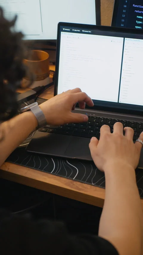 Man Coding on Laptop Computer Writing Software in Office Stock Footage 338422602