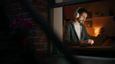 Man Coding At Laptop Late At Night Stock Footage 197421000