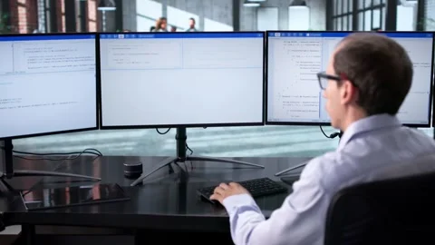 Man Coding On Multiple Screens Stock Footage 326838789