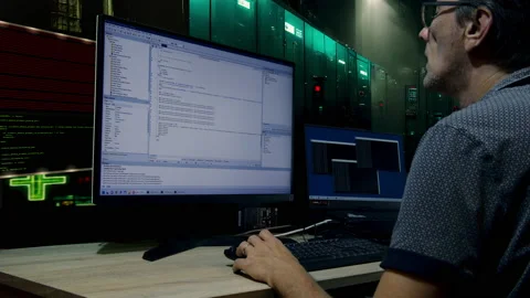 The man is coding in a server room. The programmer's head will hurt from a 스톡 동영상 218581511