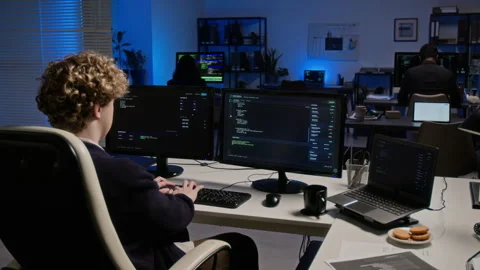 Man Coding Software on Multiple Monitors in Cybersecurity Office Stock Footage 347297654