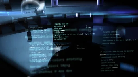 Man coding on table with laptop in modern office. Futuristic animation Stock Footage 283548247