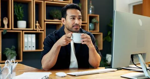 Man, coffee and reading in office with computer, online research or creativ.. Stock Photos