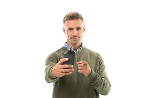 Man at coffee break in studio, point finger. man at coffee break on background. Stock Photos