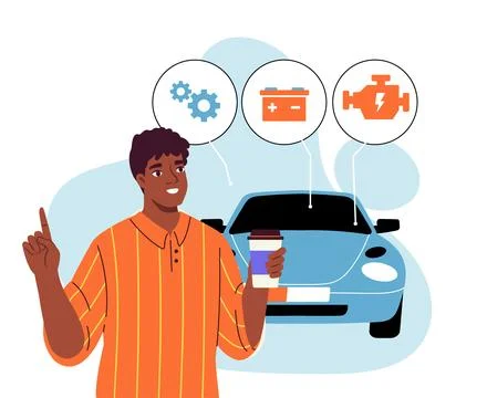 Man with coffee explaining car parts. Vector illustration Stock Illustration