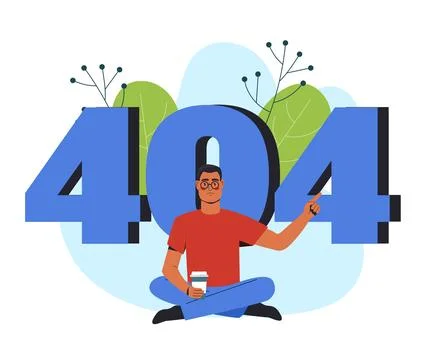 Man with coffee in front of 404 error page. Vector illustration Illustrazione stock