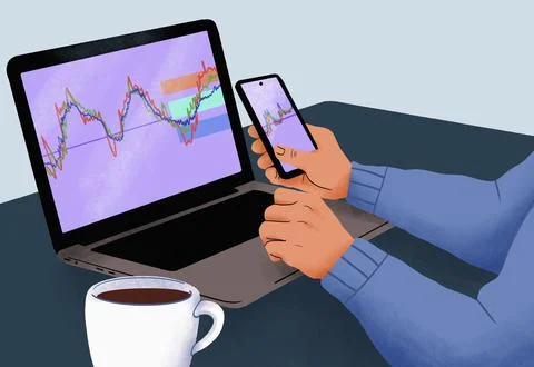 Man with coffee looking at data on laptop and smart phone screens Stock Illustration