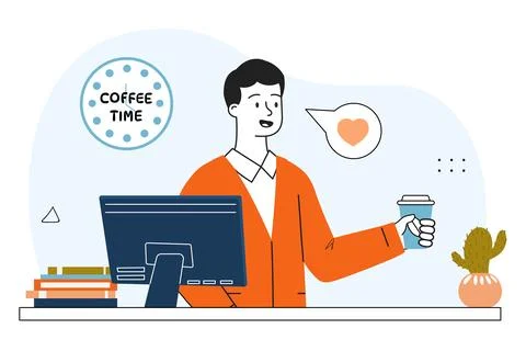 Man with coffee time. Young guy sits near laptop with mug of hot drink. Employee Stock Illustration