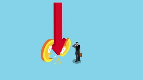 Man with coin cracked by red falling arrow 3d animation cartoon Stock Footage 284234149